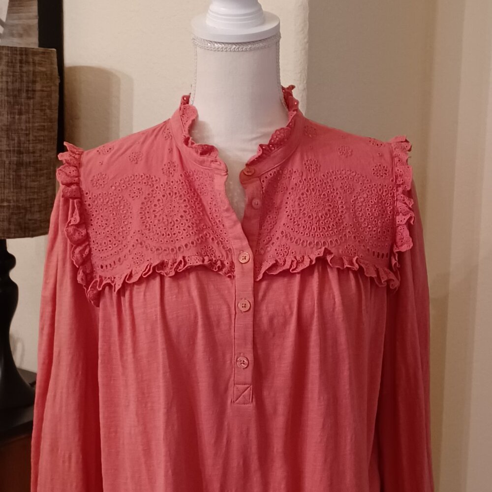 Boden Coral Eyelet-Yoke Ruffle Henley Tunic
